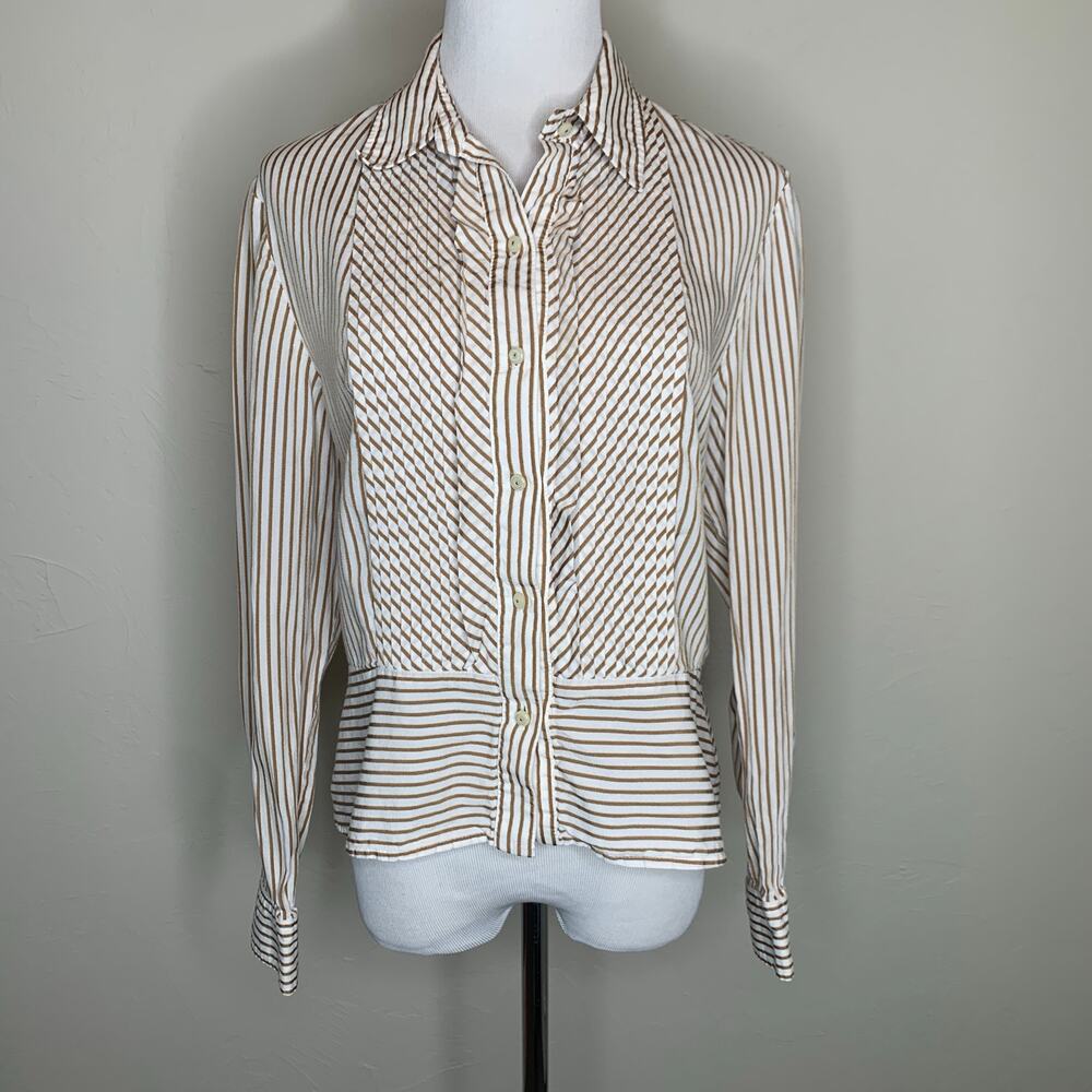Jones  New York Cream Tan Stripe Cropped Blouse Sz Medium